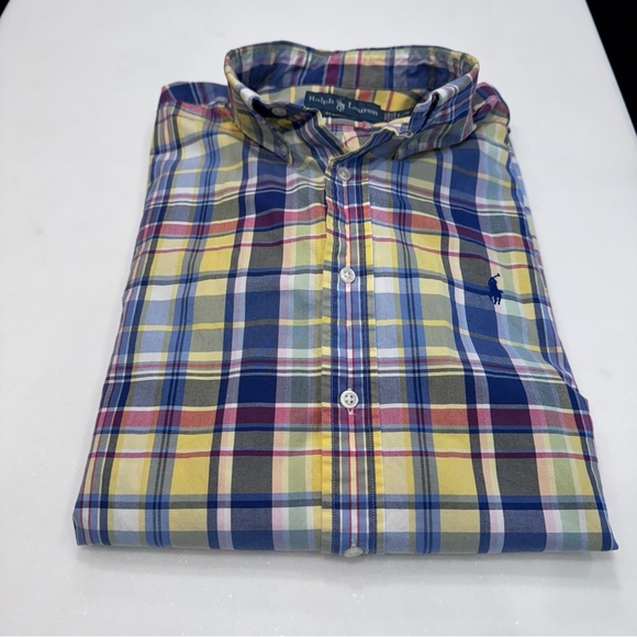 Men's Ralph Lauren Classic Fit Striped Plaid Oxford Shirt Blue Large - Picture 8 of 11
